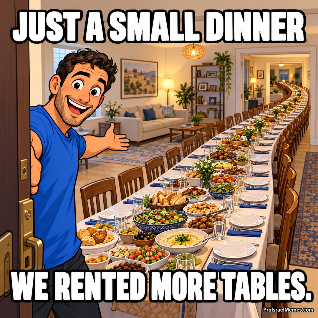A smiling host opens a door beside a dining table that winds through several furnished rooms.