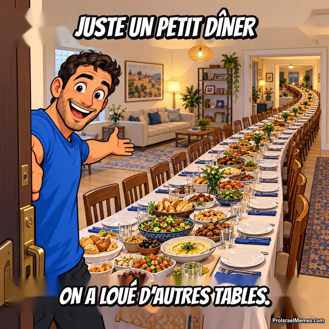 Un hôte souriant ouvre une porte près d’une longue table dressée qui traverse plusieurs pièces meublées.