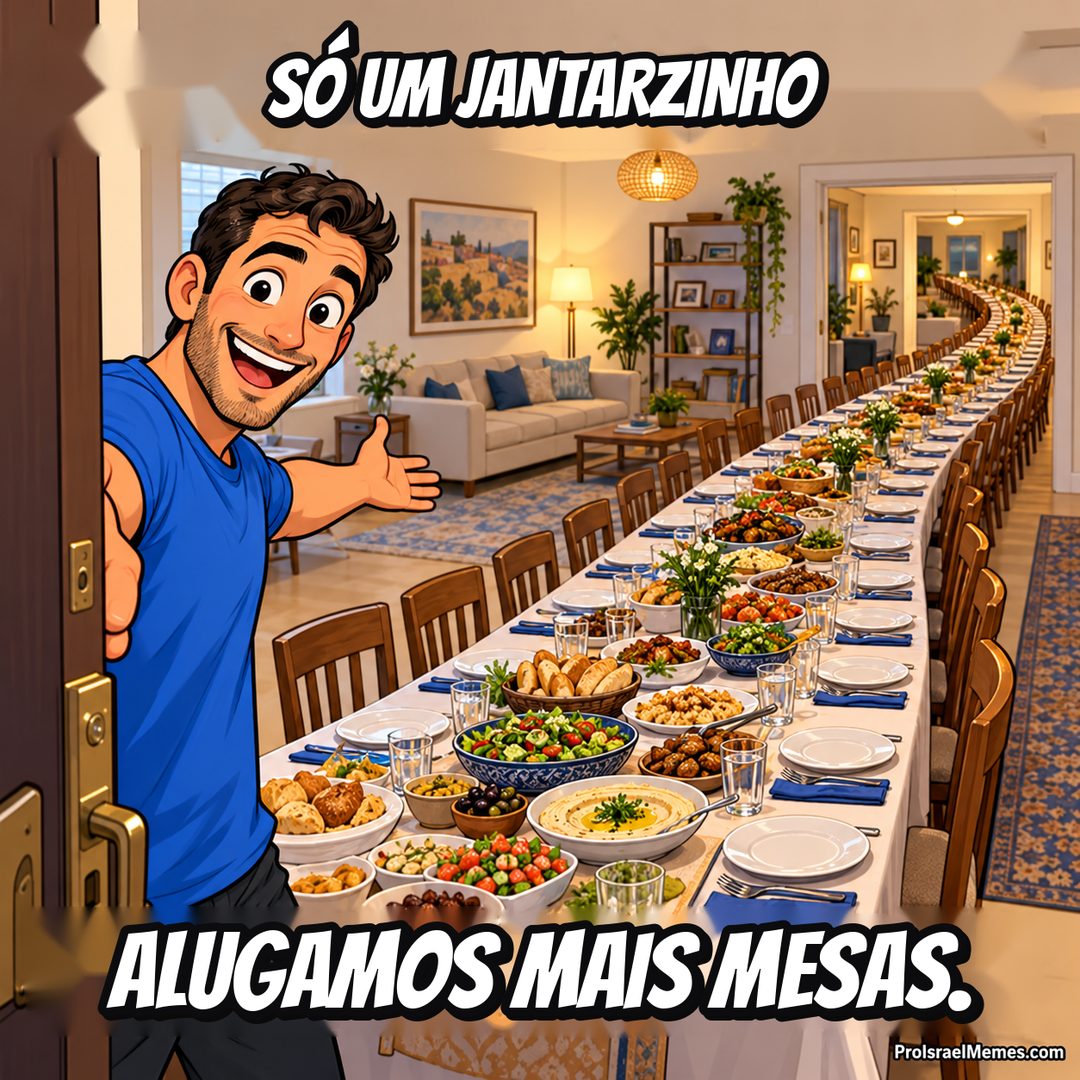 Um anfitrião sorridente abre a porta ao lado de uma mesa posta que atravessa vários cômodos mobiliados.