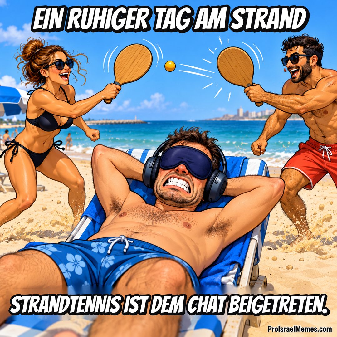 Ein Mann mit Kopfhörern und Schlafmaske liegt im Strandstuhl, während zwei Personen neben ihm mit Holzschlägern spielen.