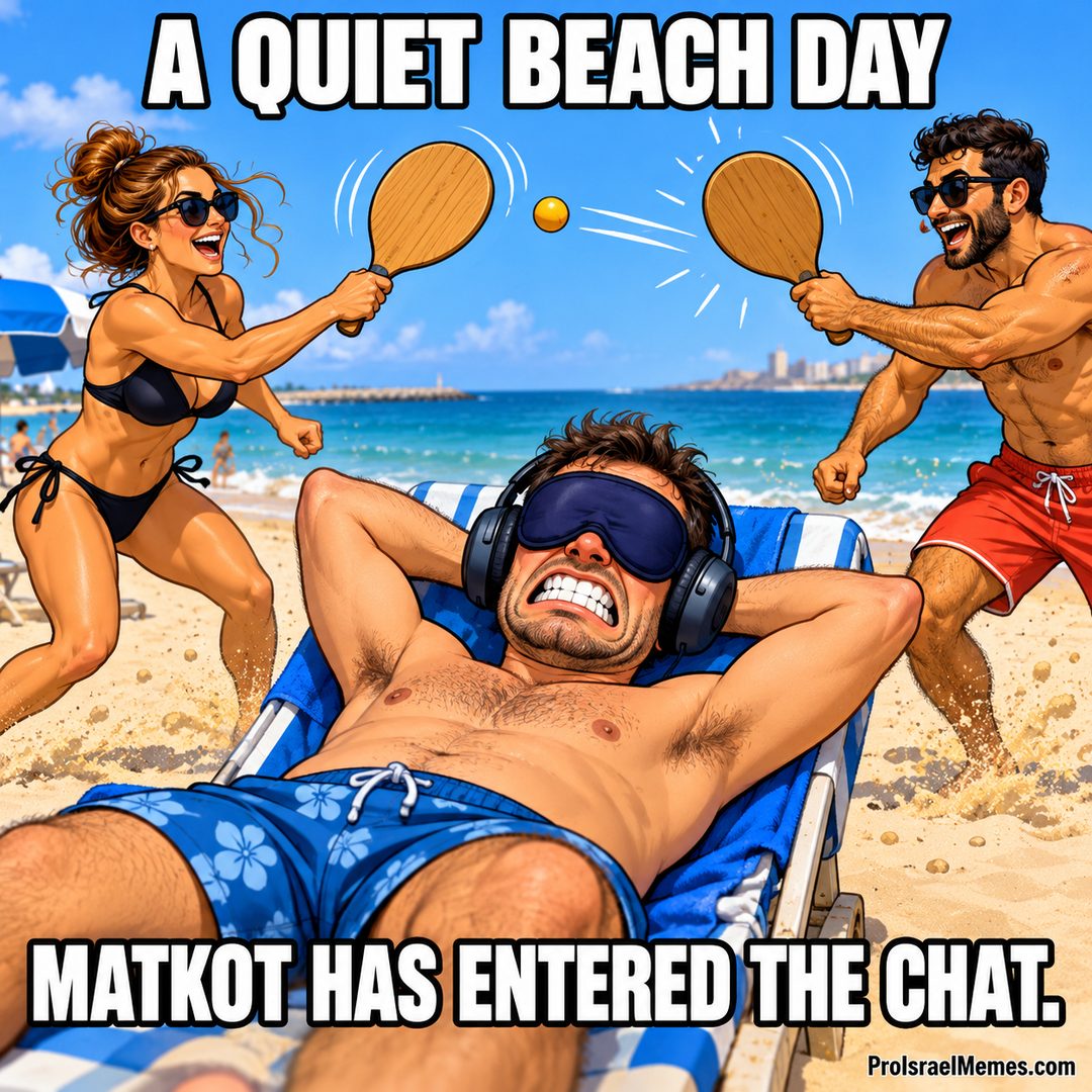 A man rests in a beach chair with headphones and an eye mask while two people play with wooden paddles beside him.