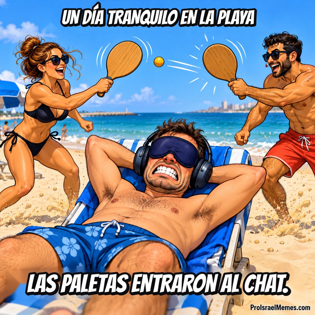 Un hombre con audífonos y antifaz descansa en una silla de playa mientras dos personas juegan con paletas de madera a su lado.