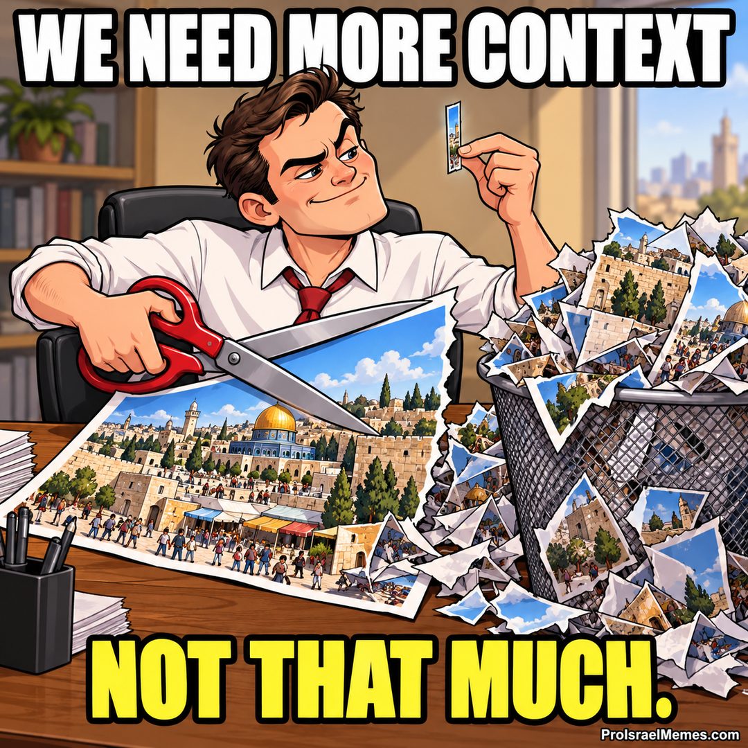 An editor with red-handled scissors holds a tiny picture strip above a desk and bin covered in cut fragments.