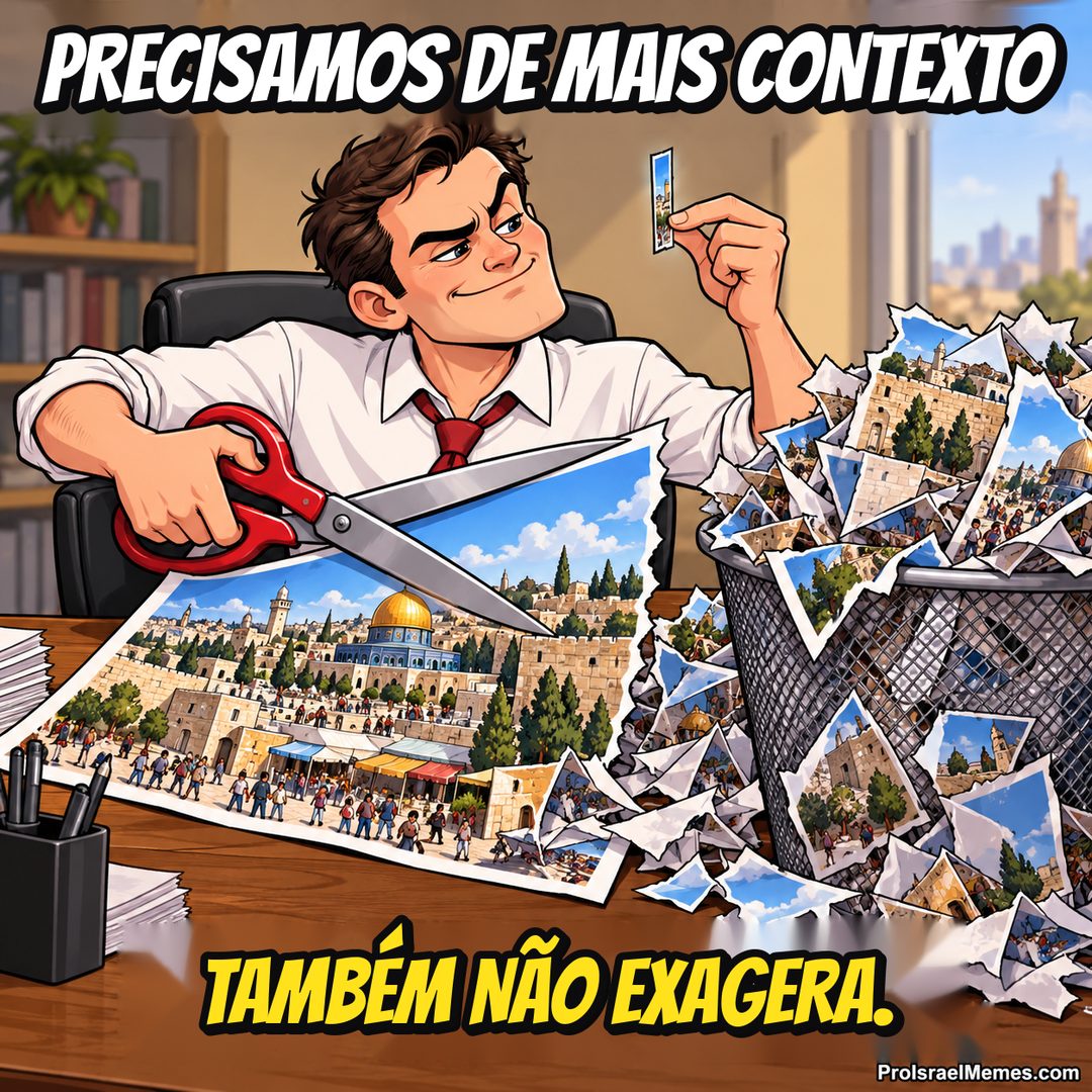 Um editor segura uma tesoura vermelha e uma tira de imagem sobre uma mesa e um cesto cheios de recortes.