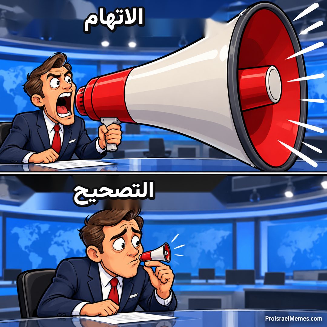 لوحتان تظهران مذيعا ببدلة يستخدم مكبر صوت أحمر وأبيض ضخما في الأعلى وآخر صغيرا في الأسفل.