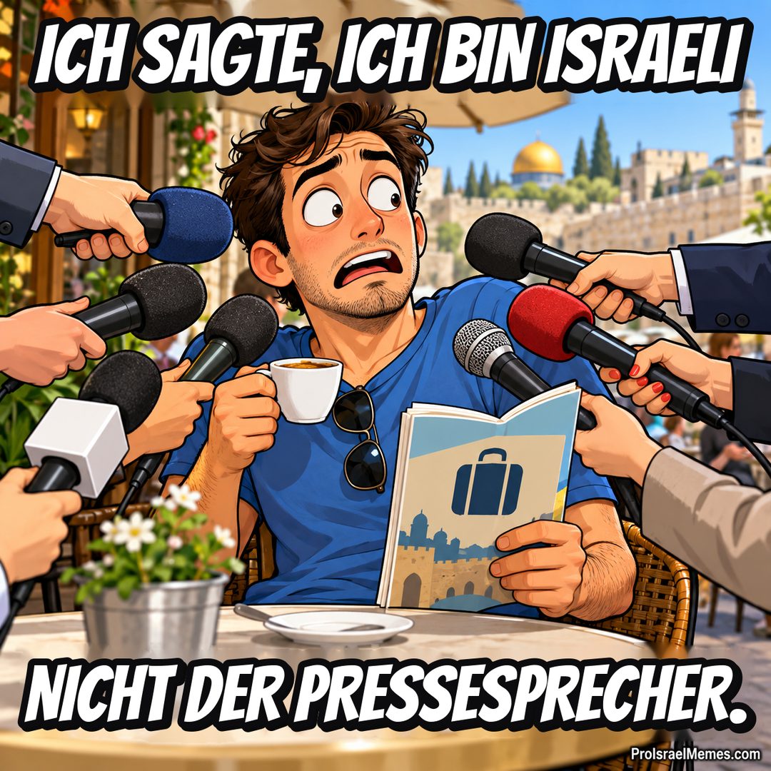 Ein überraschter Mann hält im Café eine Tasse und einen Reiseführer, während Hände ihm Mikrofone entgegenstrecken.