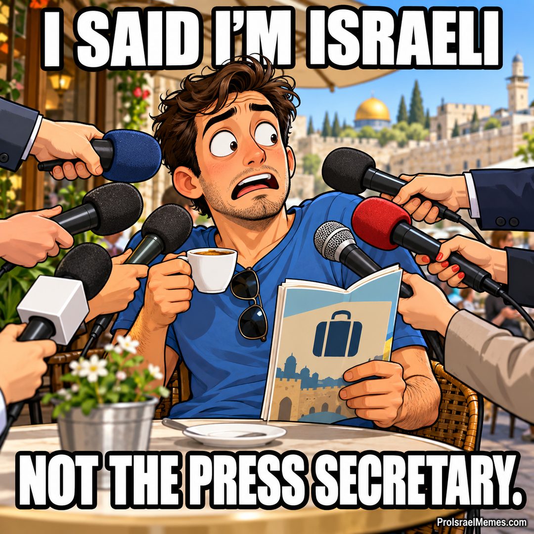 A startled man at a cafe holds a coffee cup and travel guide as hands push microphones toward him.
