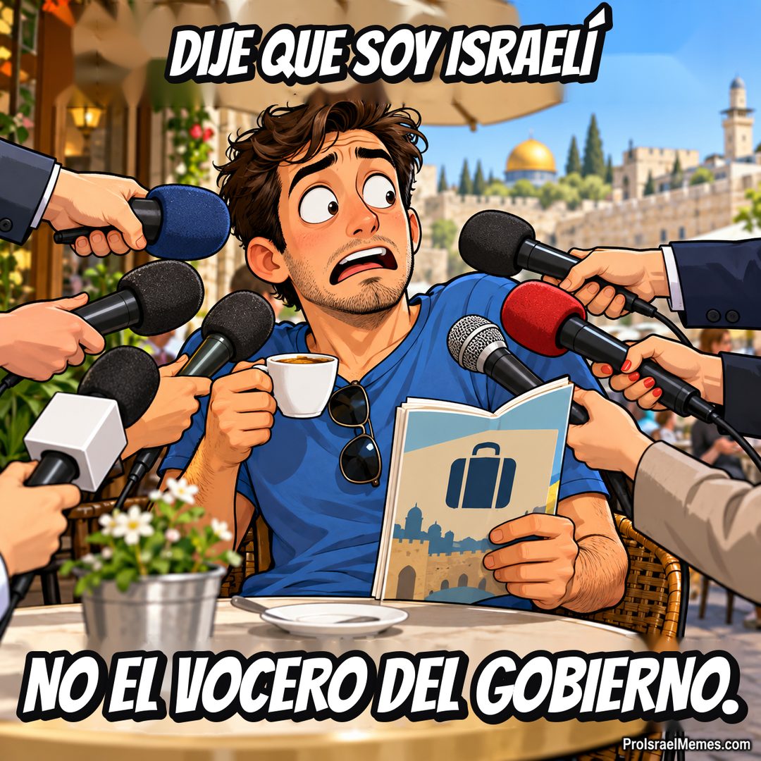 Un hombre sorprendido sostiene café y una guía de viaje en una cafetería mientras varias manos le acercan micrófonos.