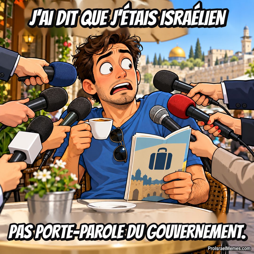 Un homme surpris tient une tasse et un guide à une table de café tandis que plusieurs mains lui tendent des micros.