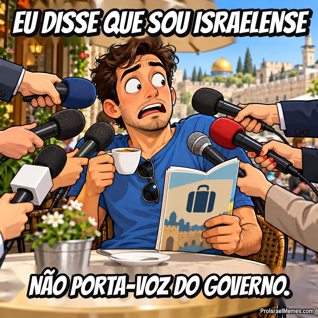 Um homem surpreso segura café e um guia numa mesa de cafeteria enquanto várias mãos aproximam microfones.