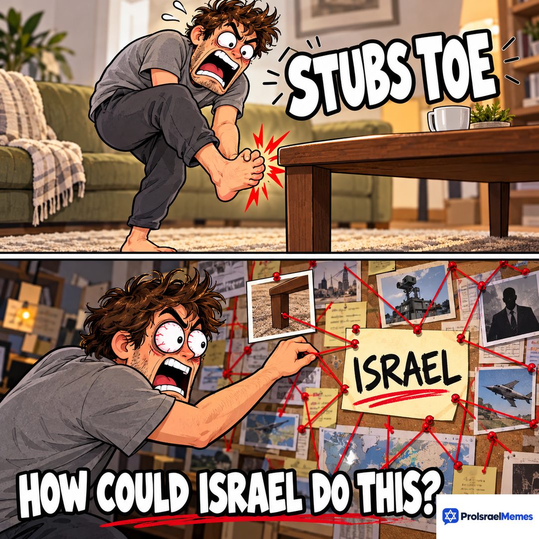 Two-panel cartoon: a man holds his hurt foot beside a coffee table, then points at red string on a corkboard with an ISRAEL note.