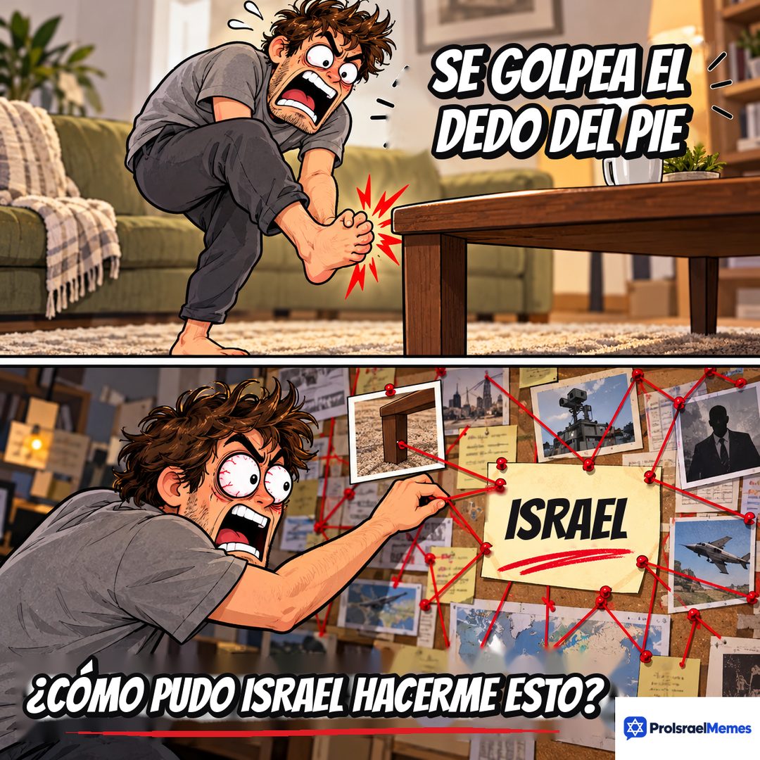 Caricatura de dos viñetas: un hombre se sostiene el pie dolorido junto a una mesa y luego señala un hilo rojo en un tablero de corcho con una nota que dice ISRAEL.