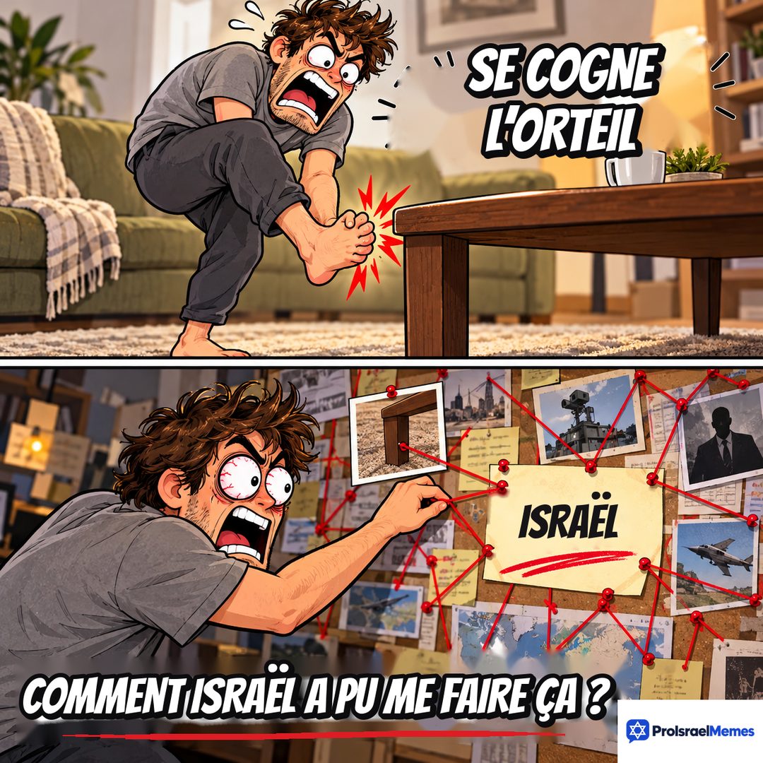 Dessin en deux cases : un homme tient son pied douloureux près d’une table basse, puis pointe un fil rouge sur un tableau en liège portant une note ISRAËL.