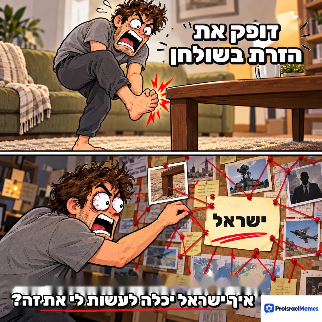 איור בשני פריימים: גבר מחזיק רגל כואבת ליד שולחן קפה, ואז מצביע על חוט אדום בלוח שעם עם פתק שעליו כתוב ישראל.