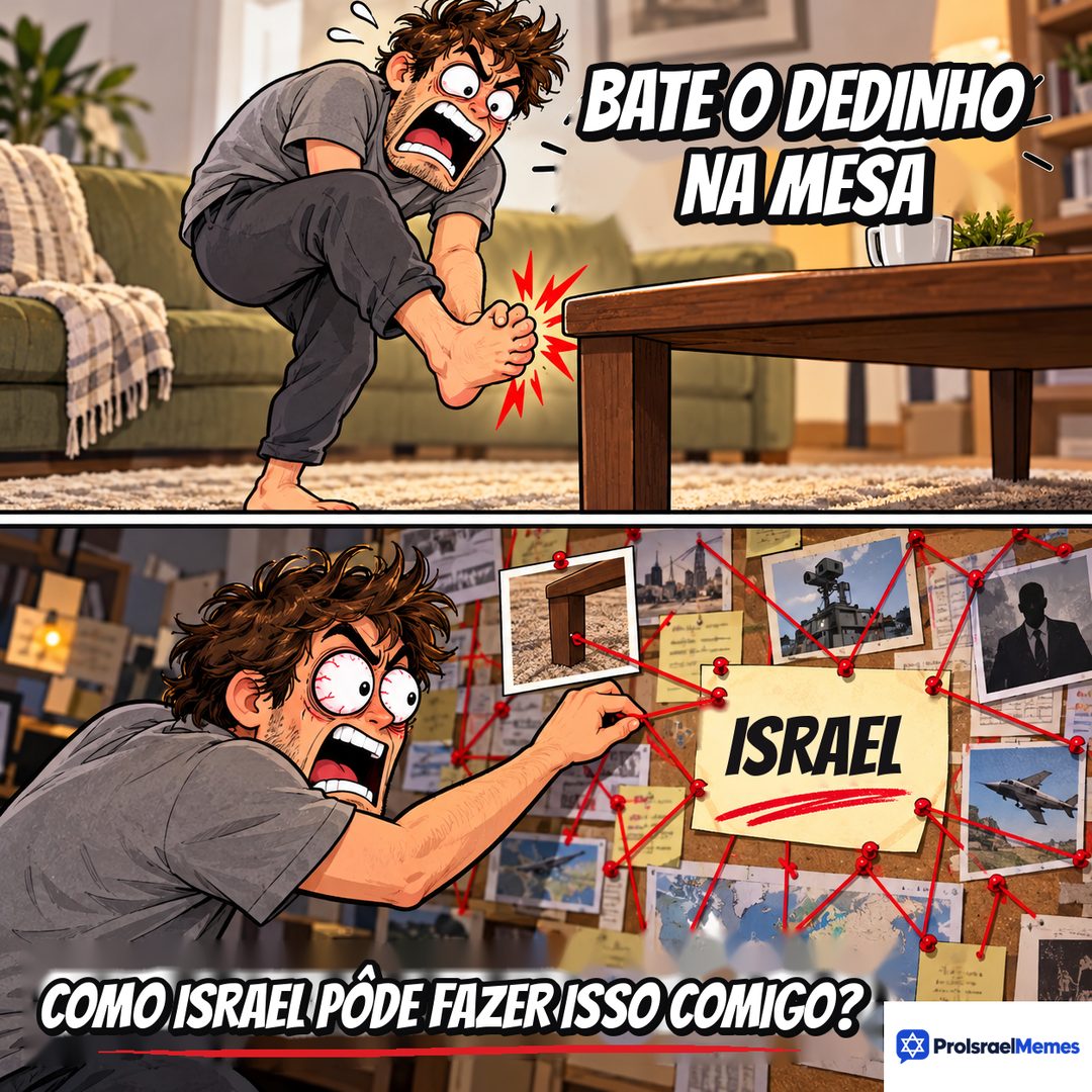Ilustração em dois quadros: um homem segura o pé dolorido perto de uma mesa de centro e depois aponta para um fio vermelho num mural de cortiça com um bilhete escrito ISRAEL.
