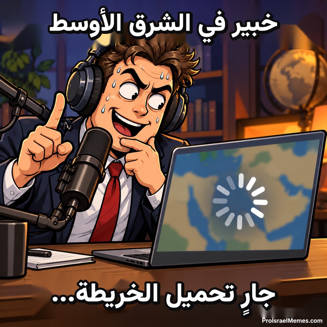 رجل بسماعات يرفع إصبعه بجوار ميكروفون، وأمامه حاسوب محمول يعرض خريطة ورمز تحميل.