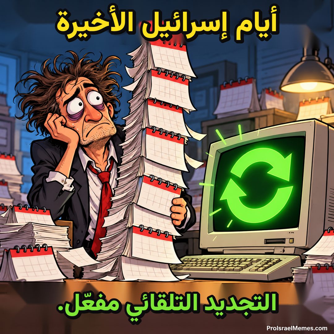 رجل مرهق يحمل كومة تقويمات بجوار حاسوب قديم تعرض شاشته رمز تكرار أخضر مضيئا.