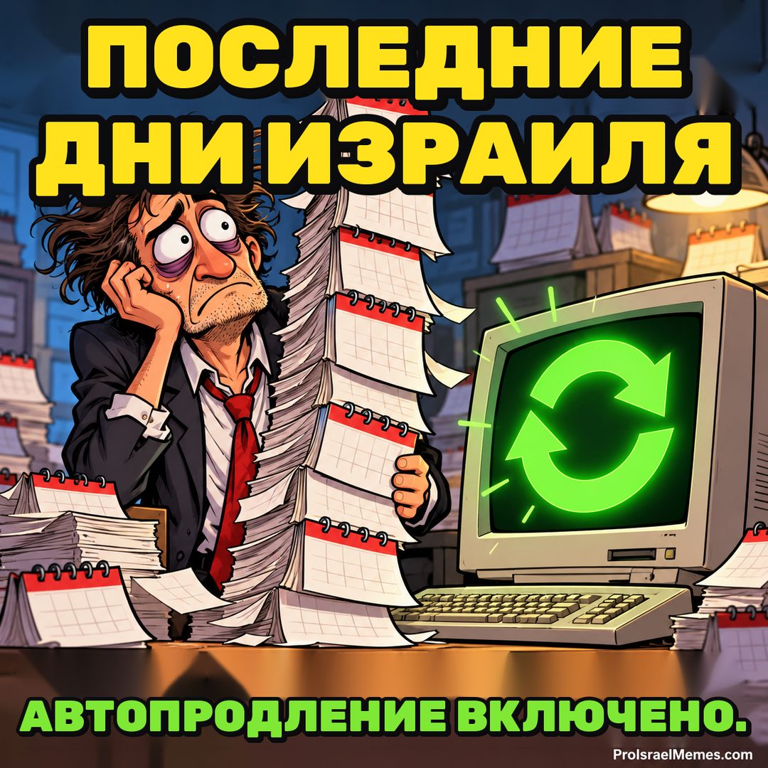 Усталый мужчина держит стопку календарей возле старого компьютера с ярко-зелёным символом повтора на экране.