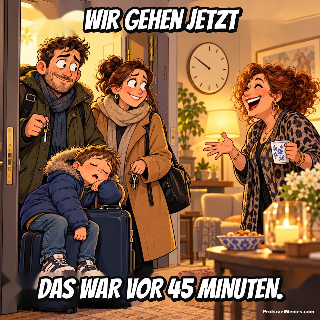 Erwachsene unterhalten sich in einer Wohnungstür, während ein Junge in blauer Jacke an einen Rollkoffer gelehnt schläft.