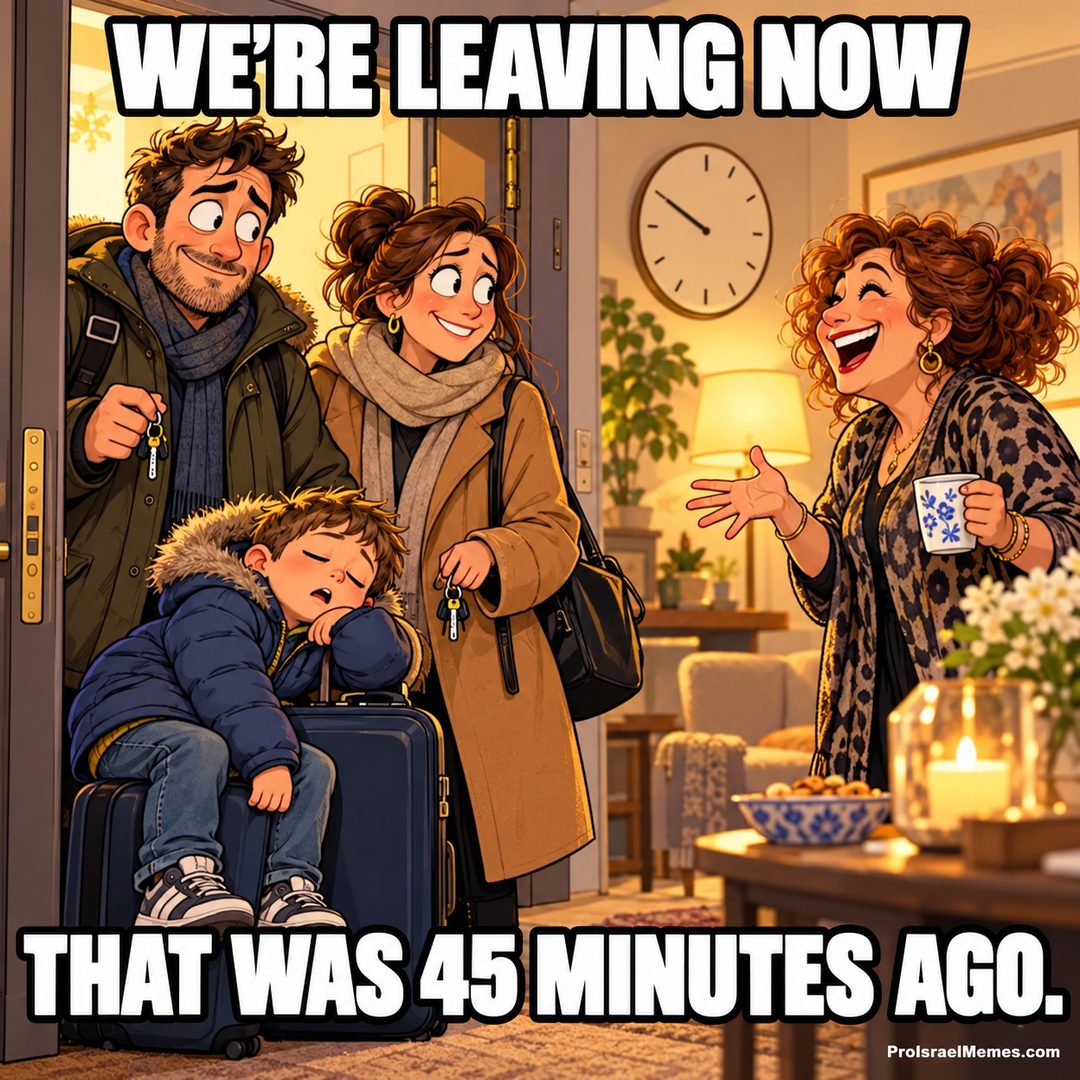 Adults chat in an apartment doorway while a boy in a blue jacket sleeps against a wheeled suitcase.