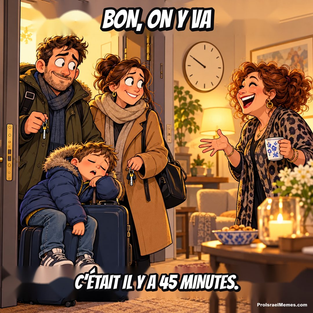 Des adultes discutent dans l’entrée d’un appartement pendant qu’un garçon en veste bleue dort contre une valise à roulettes.