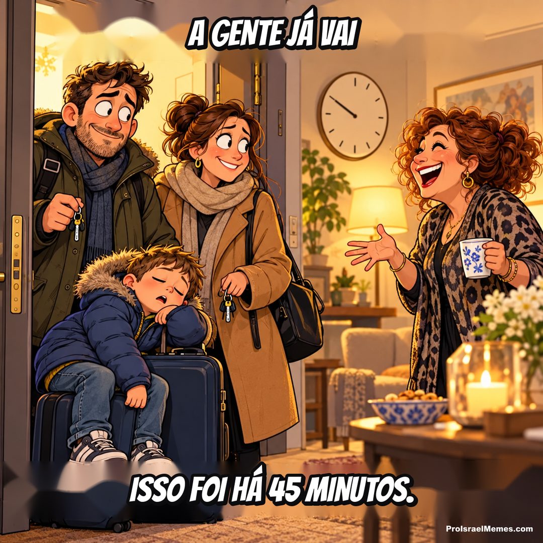 Adultos conversam na porta de um apartamento enquanto um menino de casaco azul dorme apoiado numa mala de rodinhas.