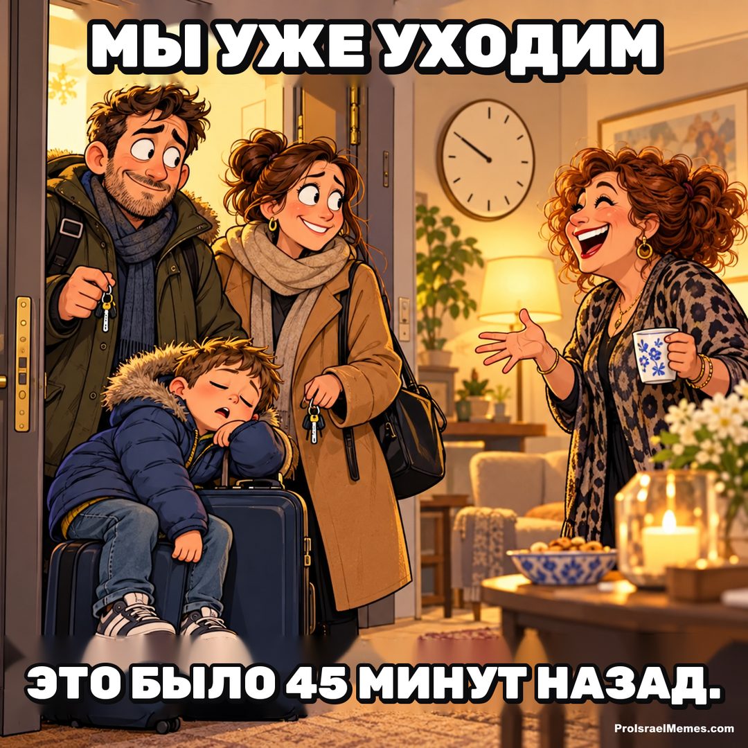 Взрослые разговаривают в дверях квартиры, пока мальчик в синей куртке спит, прислонившись к чемодану на колёсах.