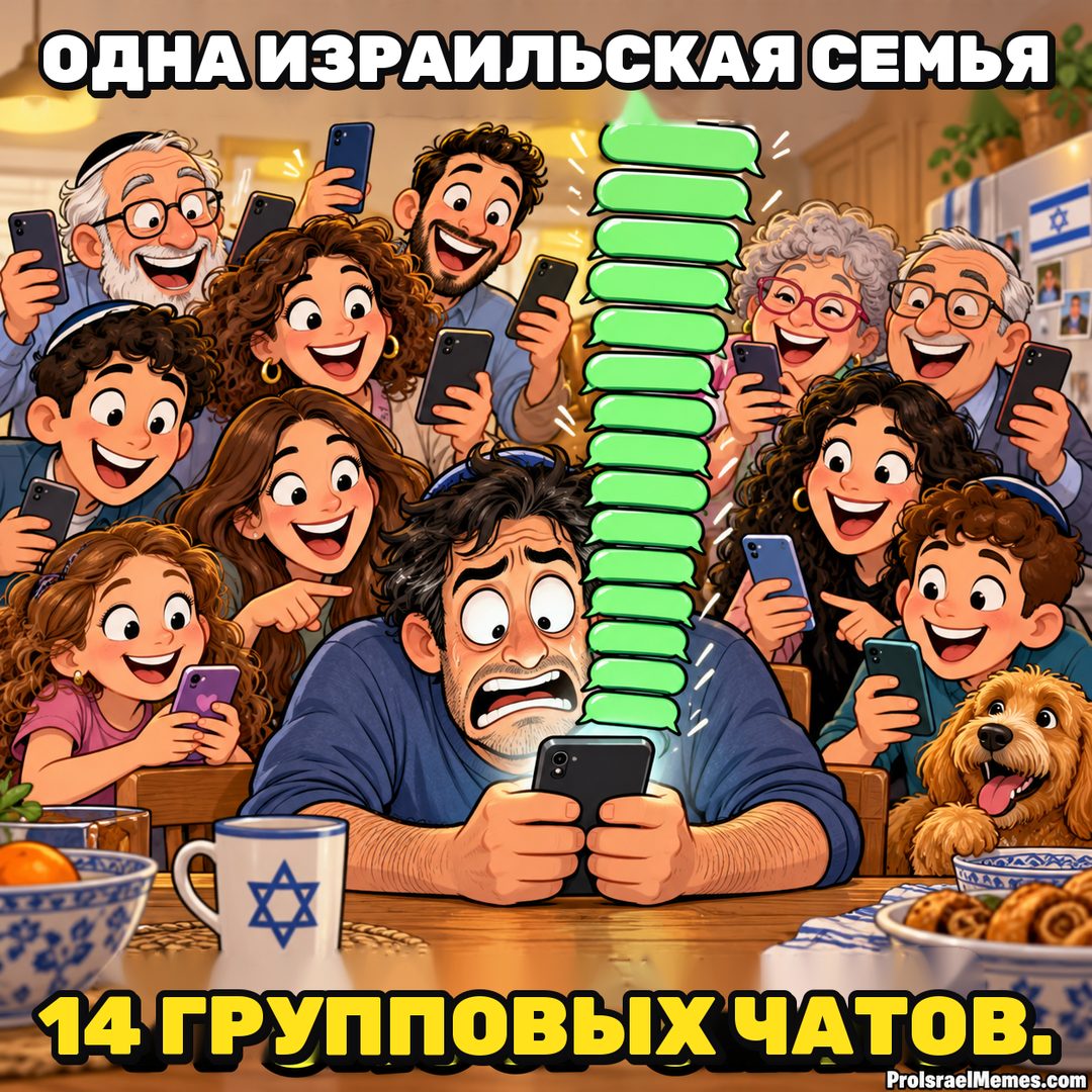 Обеспокоенный мужчина держит телефон под высокой стопкой зелёных облачков чата, а вокруг кухонного стола улыбаются родственники.