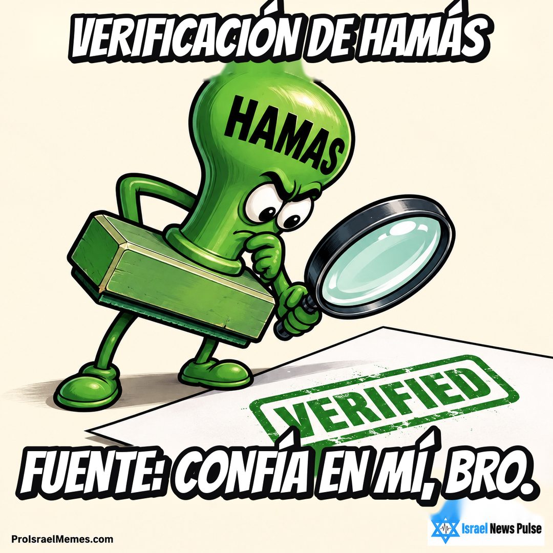 Sello verde con la palabra HAMAS que examina una marca VERIFIED con una lupa. Textos en inglés; marcas ProIsraelMemes.com e Israel News Pulse en las esquinas inferiores.