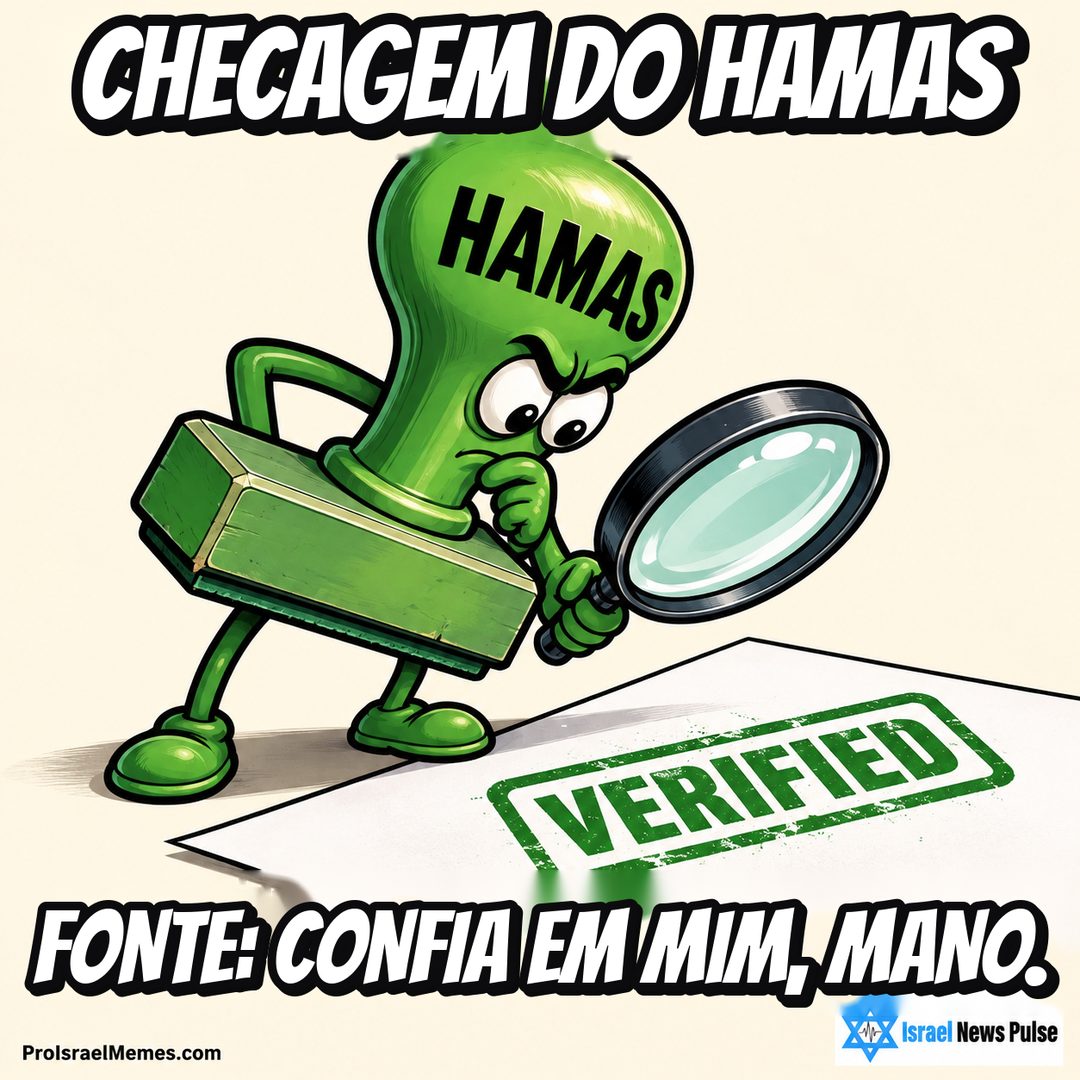 Carimbo verde com HAMAS examina uma marca VERIFIED com uma lupa. Textos em inglês; marcas ProIsraelMemes.com e Israel News Pulse nos cantos inferiores.