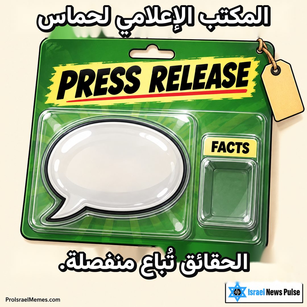 عبوة خضراء فيها فقاعة كلام بيضاء وعنوان PRESS RELEASE وخانة FACTS فارغة. النصوص بالإنجليزية، وعلامتا ProIsraelMemes.com وIsrael News Pulse في الزاويتين السفليتين.