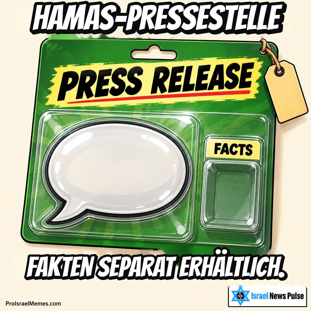 Grüne Verpackung mit weißer Sprechblase, PRESS RELEASE-Kopfzeile und leerem FACTS-Fach. Englische Bildtexte; ProIsraelMemes.com und Israel News Pulse in den unteren Ecken.