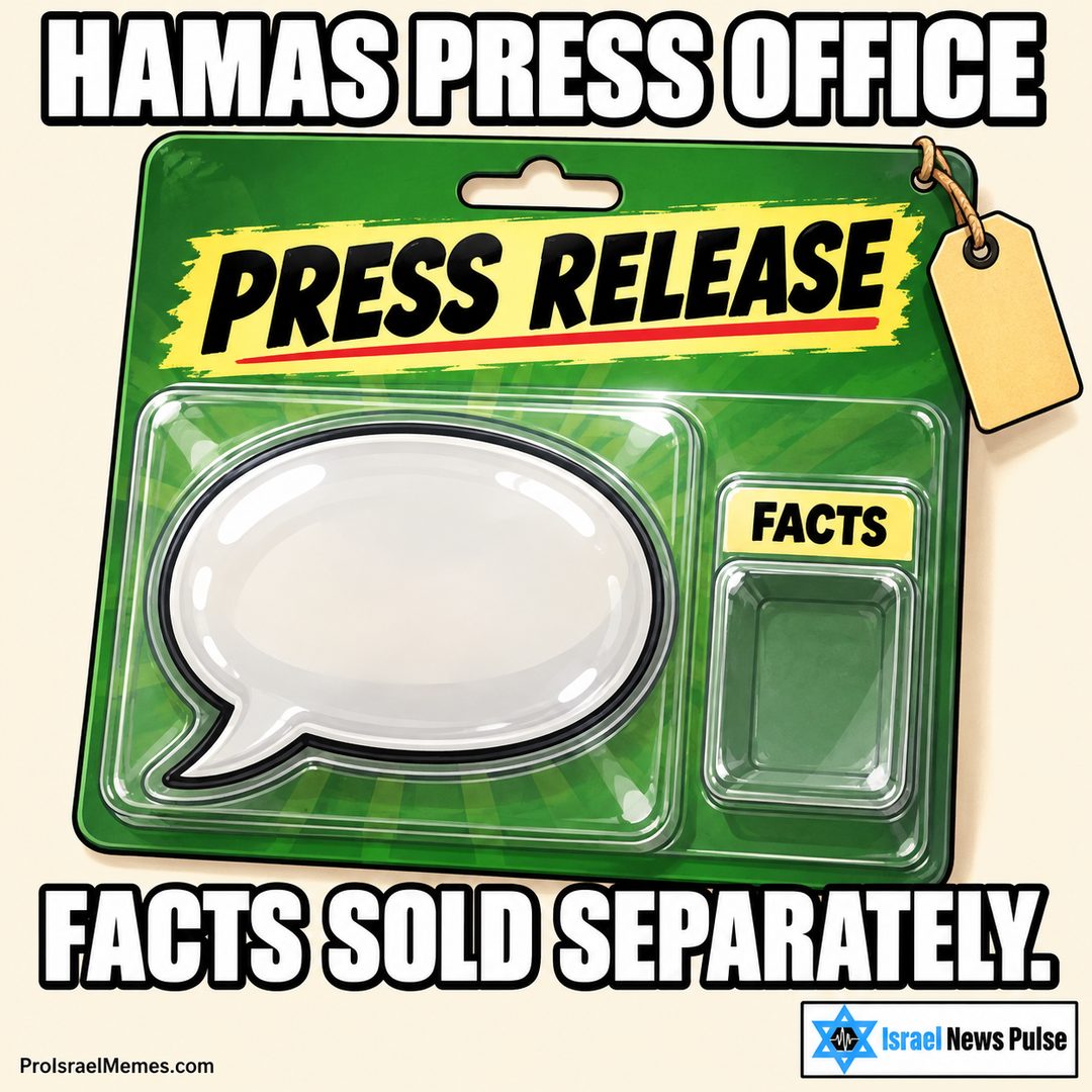 Green blister pack with a white speech bubble, PRESS RELEASE header and empty FACTS compartment. English captions; ProIsraelMemes.com and Israel News Pulse branding in the bottom corners.