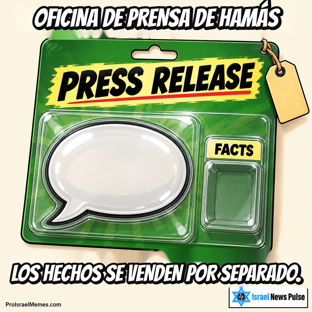Empaque verde con una burbuja blanca, encabezado PRESS RELEASE y compartimento FACTS vacío. Textos en inglés; marcas ProIsraelMemes.com e Israel News Pulse en las esquinas inferiores.
