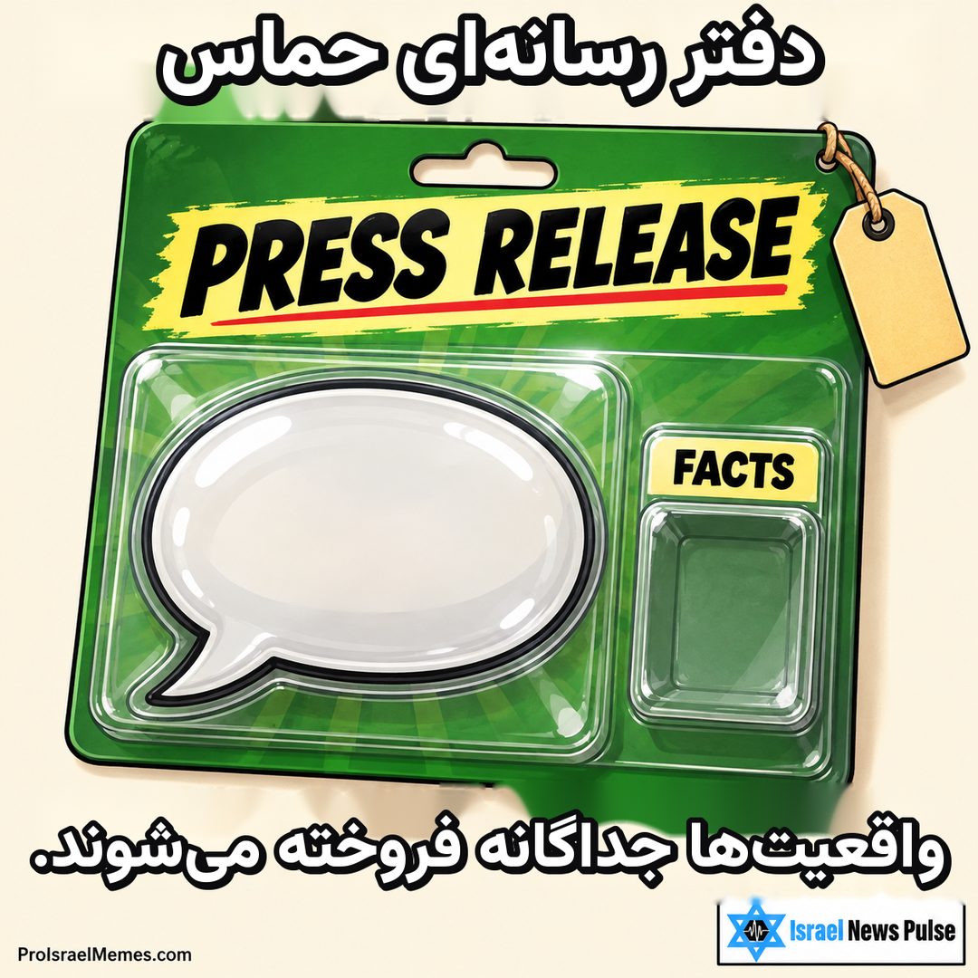 بسته سبز با حباب گفت‌وگوی سفید، عنوان PRESS RELEASE و محفظه خالی FACTS. نوشته‌ها انگلیسی هستند؛ نشان‌های ProIsraelMemes.com وIsrael News Pulse در گوشه‌های پایین دیده می‌شوند.