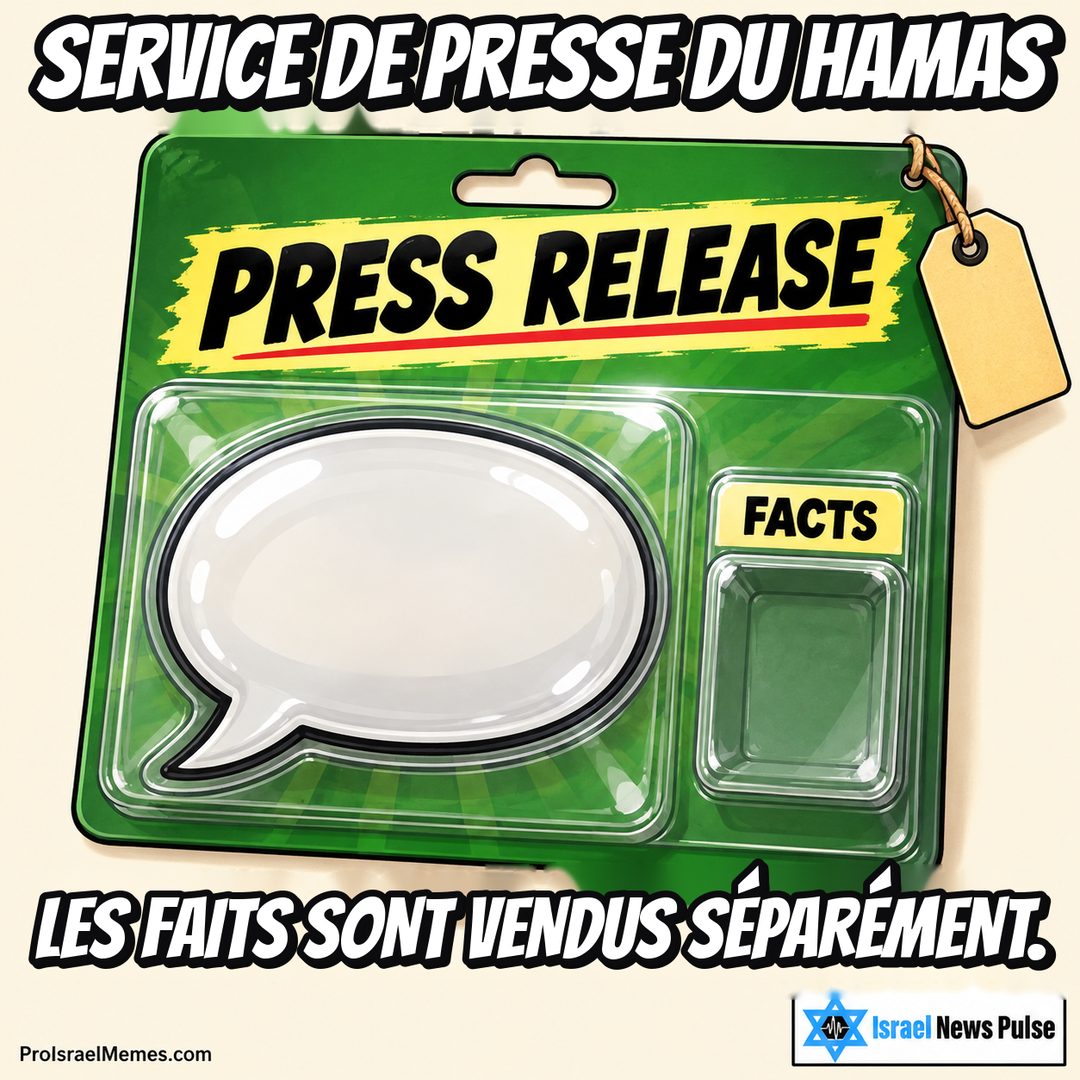 Emballage vert avec une bulle blanche, un bandeau PRESS RELEASE et un compartiment FACTS vide. Textes en anglais ; marques ProIsraelMemes.com et Israel News Pulse dans les coins inférieurs.