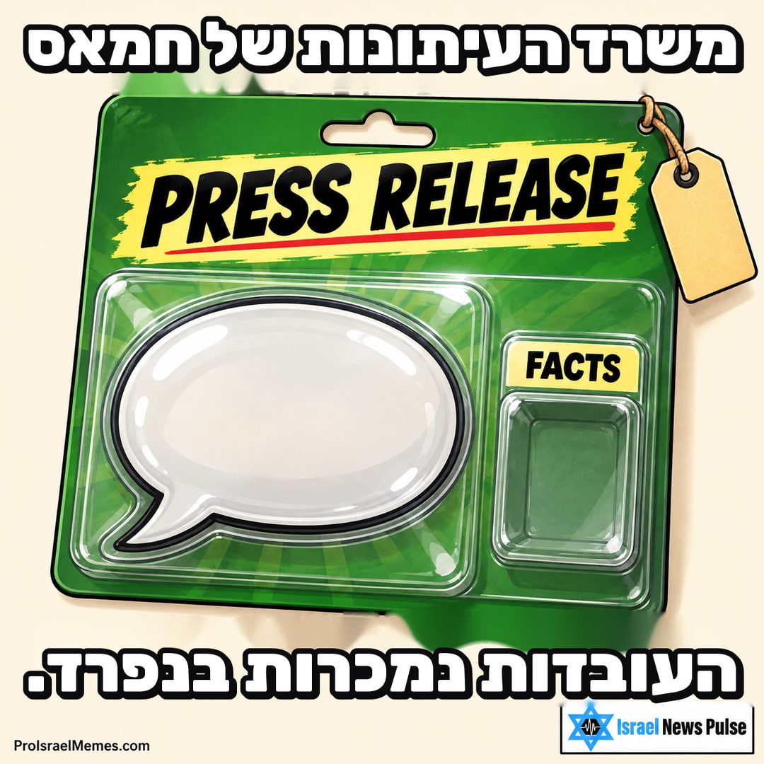 אריזה ירוקה עם בועת דיבור לבנה, כותרת PRESS RELEASE ותא ריק המסומן FACTS. כיתובים באנגלית; מיתוג ProIsraelMemes.com וישראל ניוז פולס בפינות התחתונות.