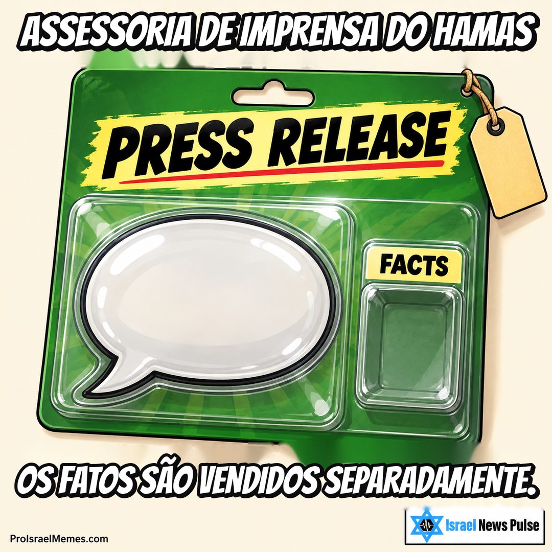 Embalagem verde com balão branco, cabeçalho PRESS RELEASE e compartimento FACTS vazio. Textos em inglês; marcas ProIsraelMemes.com e Israel News Pulse nos cantos inferiores.
