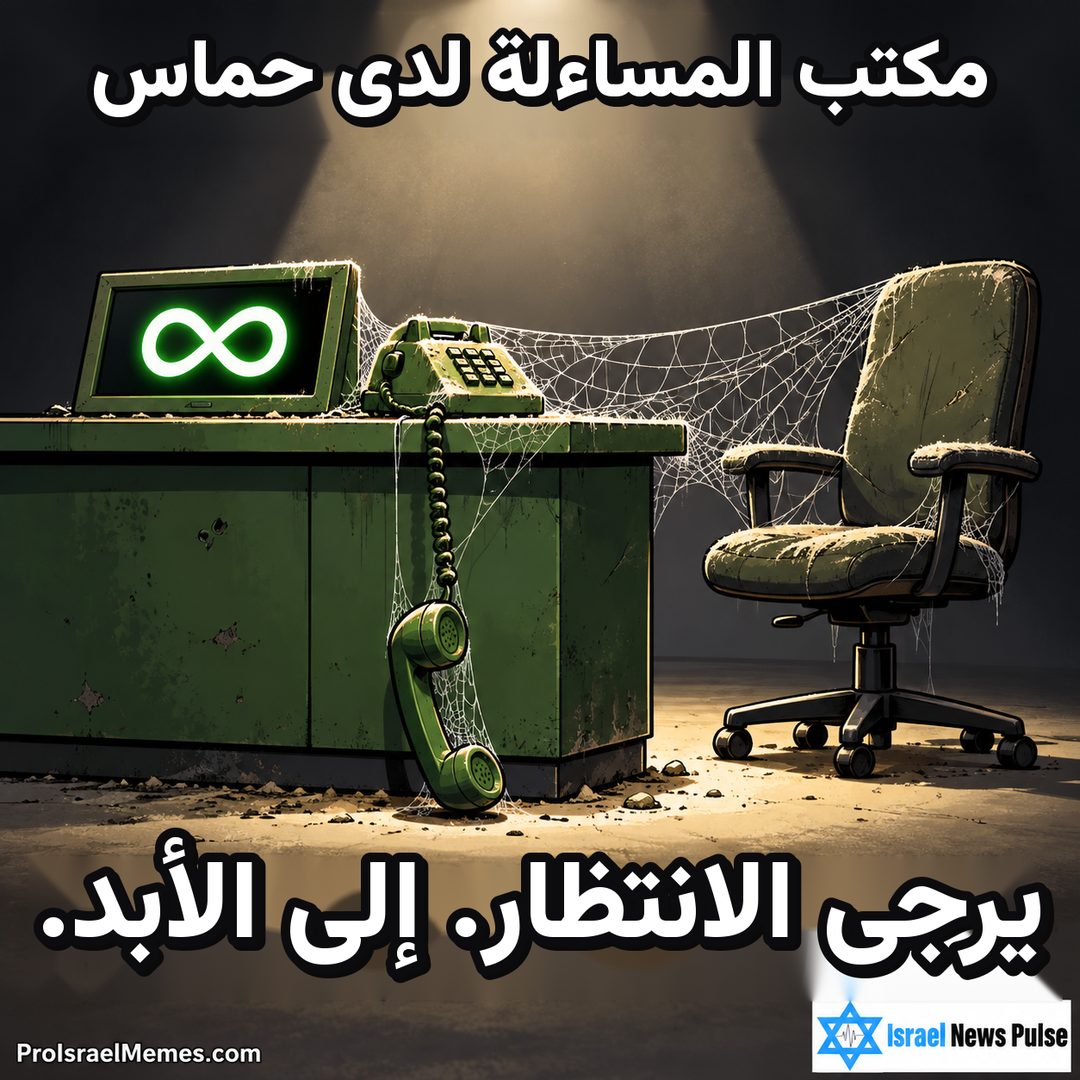 مكتب أخضر مغبر مع سماعة هاتف متدلية وشاشة لانهاية وخيوط عنكبوت وكرسي خال. النصوص بالإنجليزية، وعلامتا ProIsraelMemes.com وIsrael News Pulse في الزاويتين السفليتين.