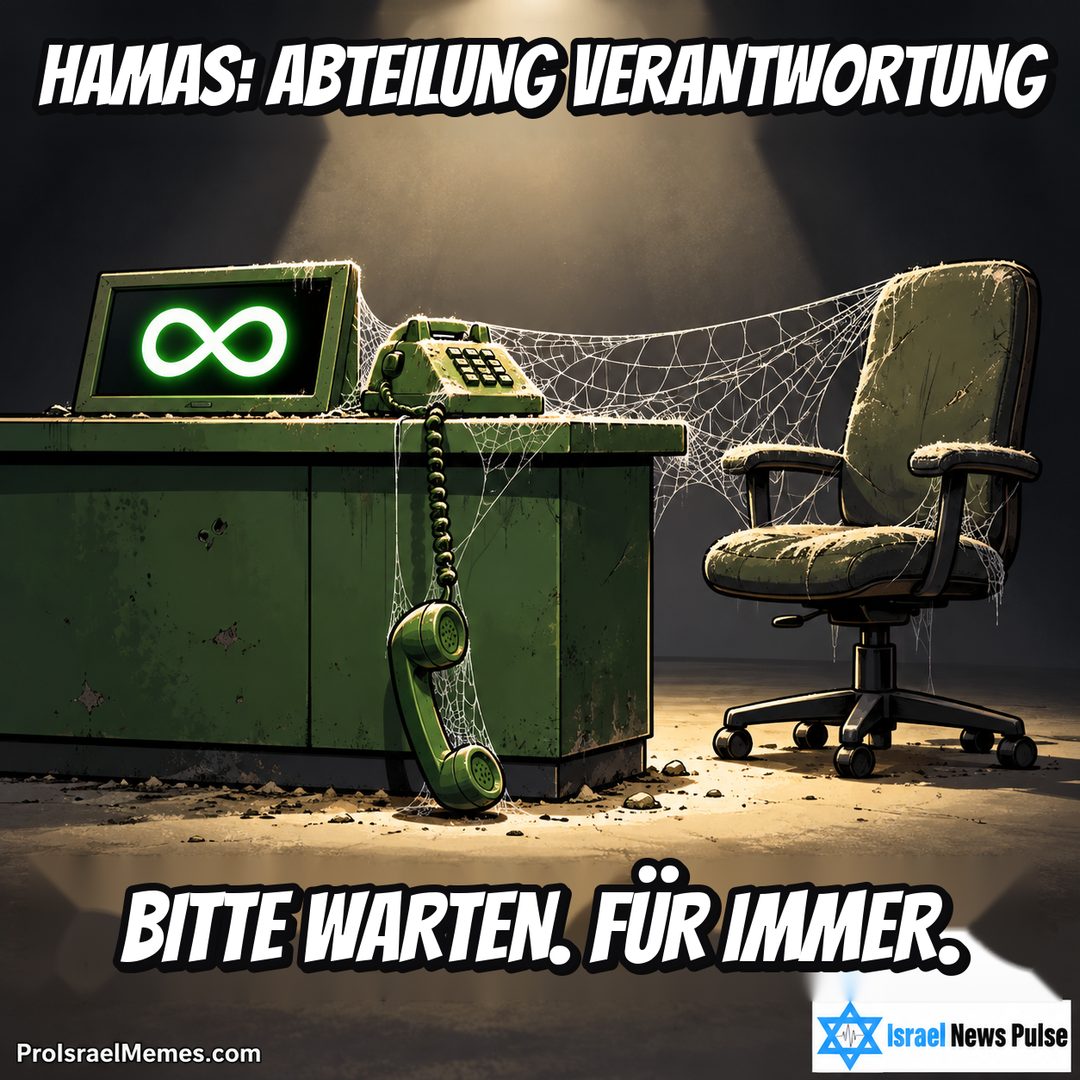 Staubiger grüner Schreibtisch mit hängendem Hörer, Unendlichkeitsanzeige, Spinnweben und leerem Stuhl. Englische Bildtexte; ProIsraelMemes.com und Israel News Pulse in den unteren Ecken.