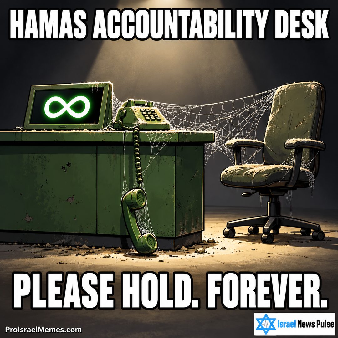 Dusty green desk with a dangling telephone receiver, infinity display, cobwebs and an empty chair. English captions; ProIsraelMemes.com and Israel News Pulse branding in the bottom corners.
