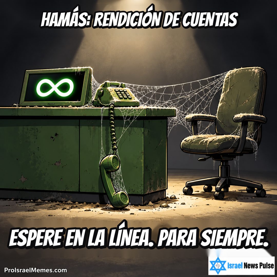 Escritorio verde polvoriento con auricular colgante, pantalla de infinito, telarañas y silla vacía. Textos en inglés; marcas ProIsraelMemes.com e Israel News Pulse en las esquinas inferiores.