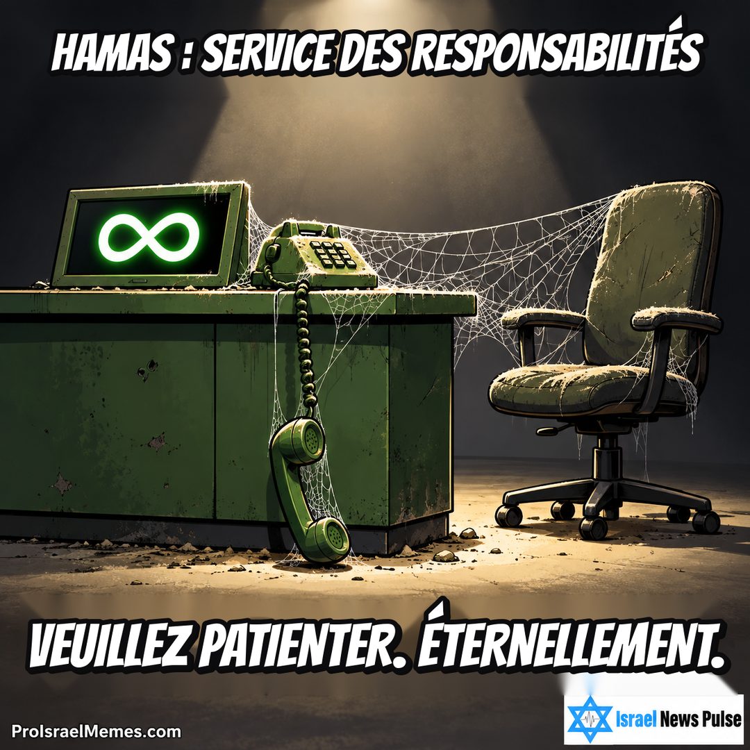 Bureau vert poussiéreux avec combiné pendant, écran affichant l'infini, toiles d'araignée et fauteuil vide. Textes en anglais ; marques ProIsraelMemes.com et Israel News Pulse dans les coins inférieurs.