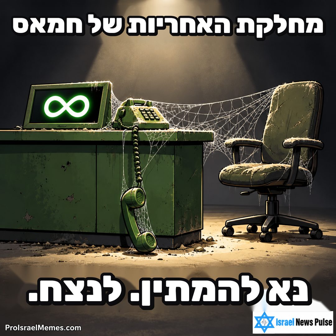 שולחן ירוק מאובק עם שפופרת תלויה, צג אינסוף, קורי עכביש וכיסא ריק. כיתובים באנגלית; מיתוג ProIsraelMemes.com וישראל ניוז פולס בפינות התחתונות.