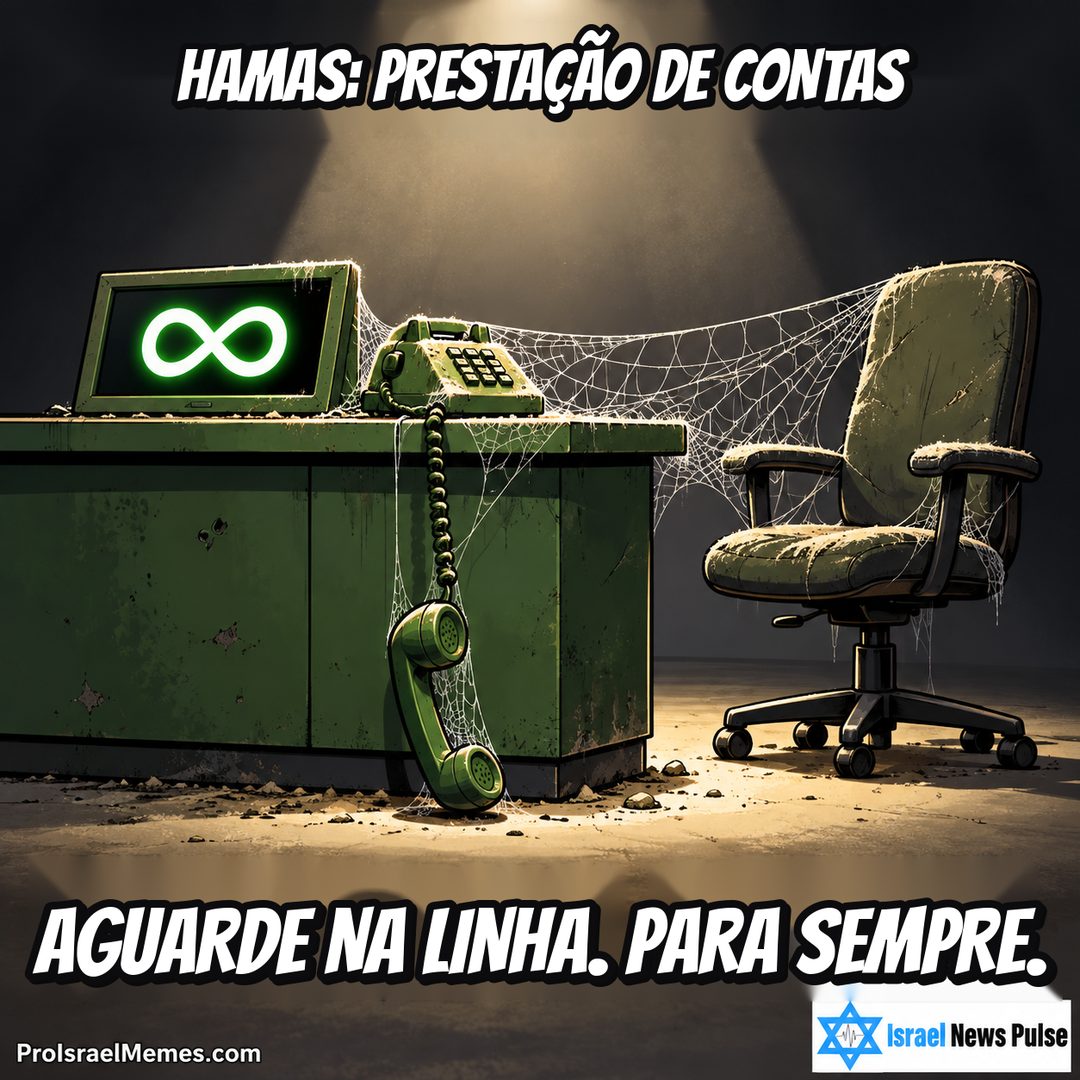 Mesa verde empoeirada com fone pendurado, tela de infinito, teias e cadeira vazia. Textos em inglês; marcas ProIsraelMemes.com e Israel News Pulse nos cantos inferiores.