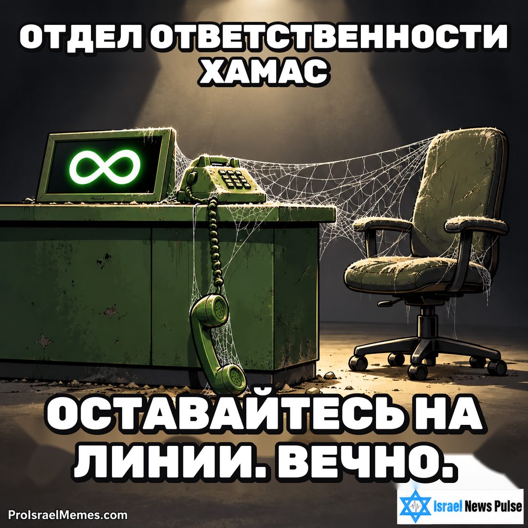 Пыльный зелёный стол со свисающей трубкой, экраном со знаком бесконечности, паутиной и пустым креслом. Надписи на английском; ProIsraelMemes.com и Israel News Pulse в нижних углах.