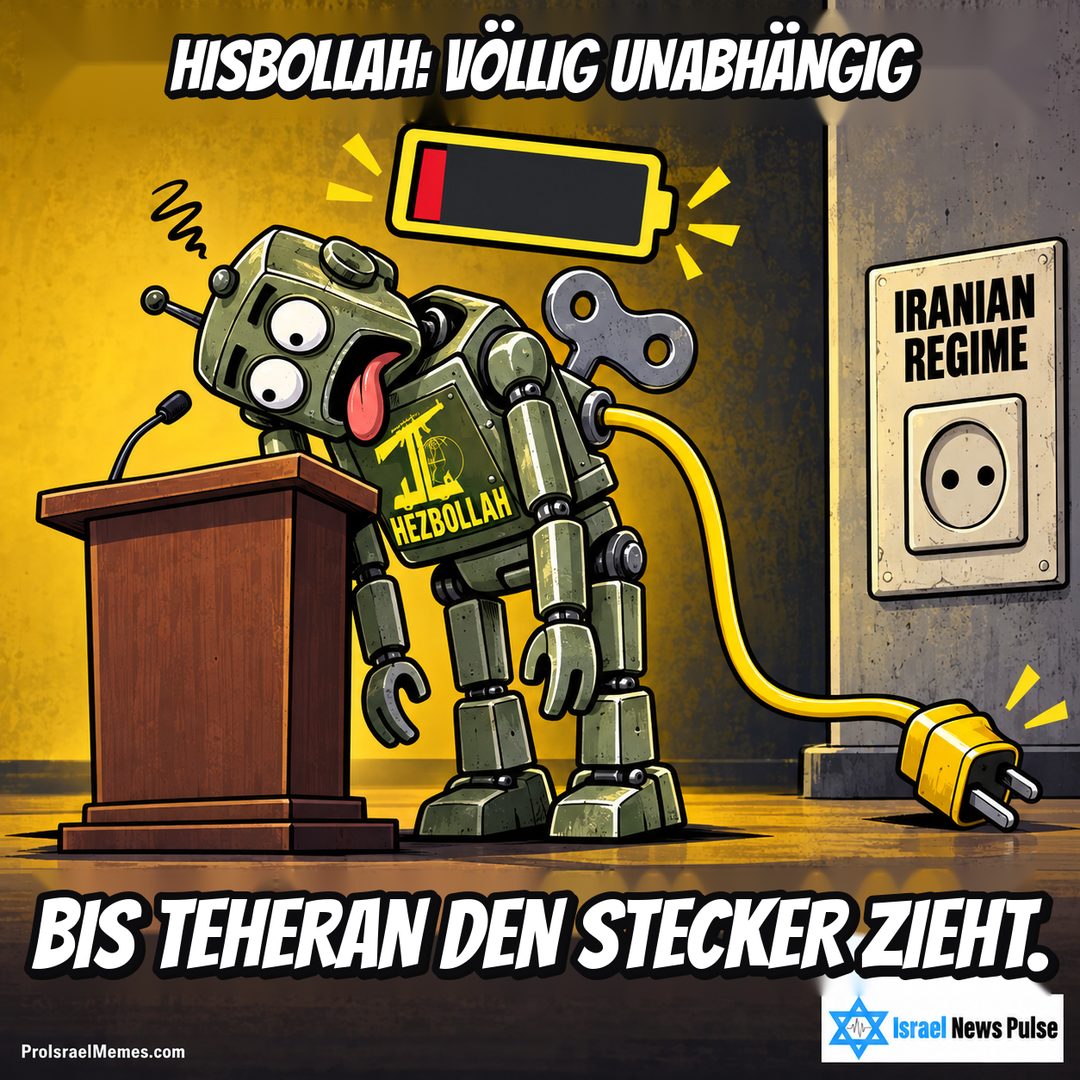 Zusammengesunkener grüner HEZBOLLAH-Roboter neben einem Rednerpult und einem losen Kabel an einer IRANIAN REGIME-Steckdose. Englische Bildtexte; ProIsraelMemes.com und Israel News Pulse in den unteren Ecken.