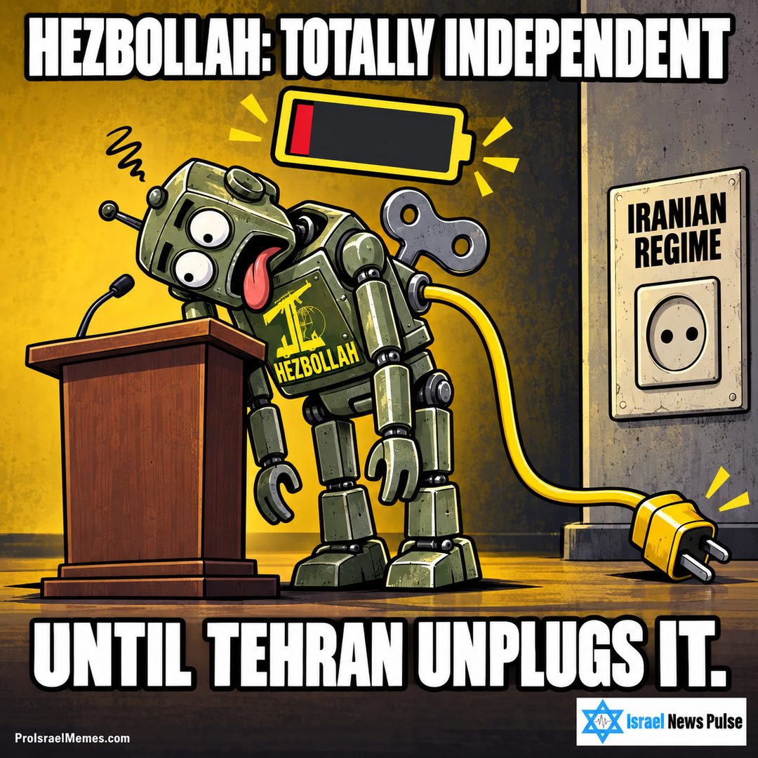Slumped green HEZBOLLAH robot beside a lectern and unplugged cable near an IRANIAN REGIME socket. English captions; ProIsraelMemes.com and Israel News Pulse branding in the bottom corners.