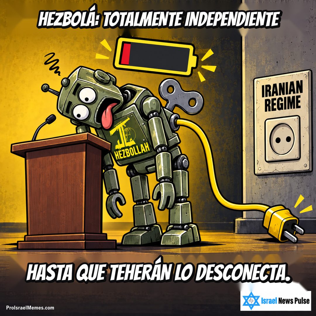 Robot verde HEZBOLLAH junto a un atril y un cable desconectado cerca de un enchufe IRANIAN REGIME. Textos en inglés; marcas ProIsraelMemes.com e Israel News Pulse en las esquinas inferiores.
