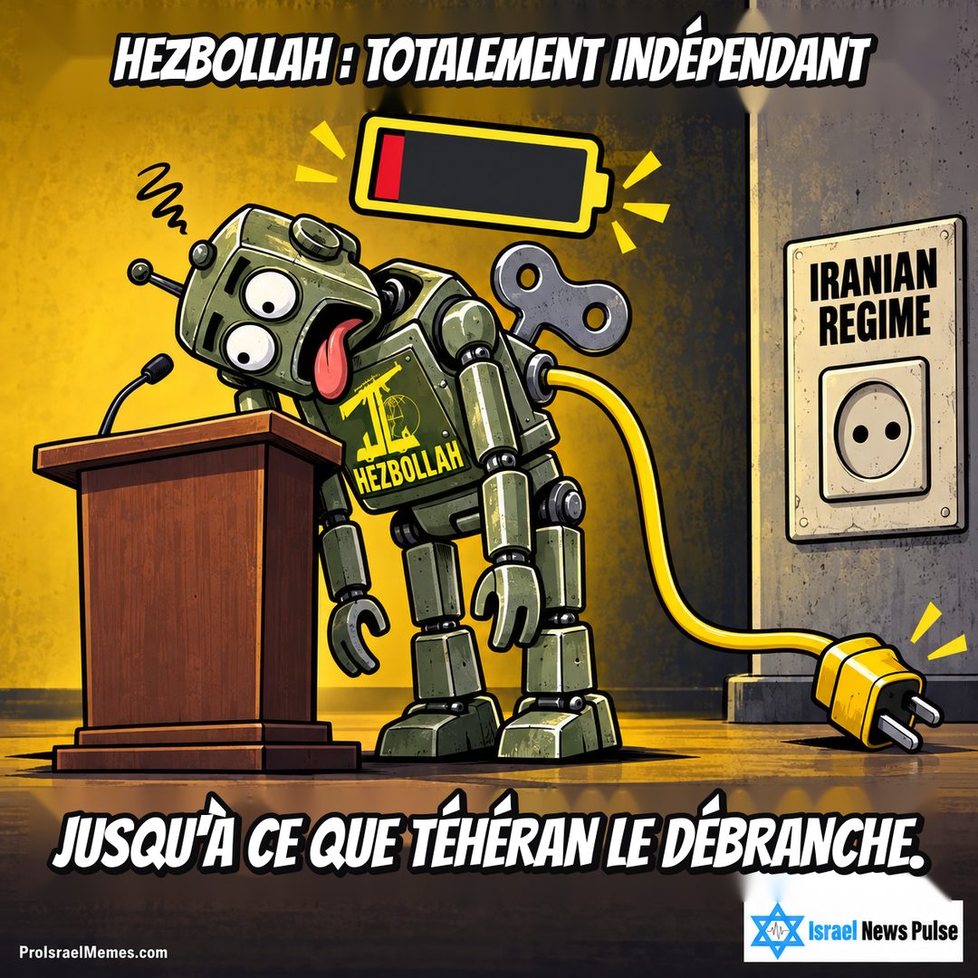 Robot vert HEZBOLLAH affaissé près d'un pupitre et d'un câble débranché devant une prise IRANIAN REGIME. Textes en anglais ; marques ProIsraelMemes.com et Israel News Pulse dans les coins inférieurs.